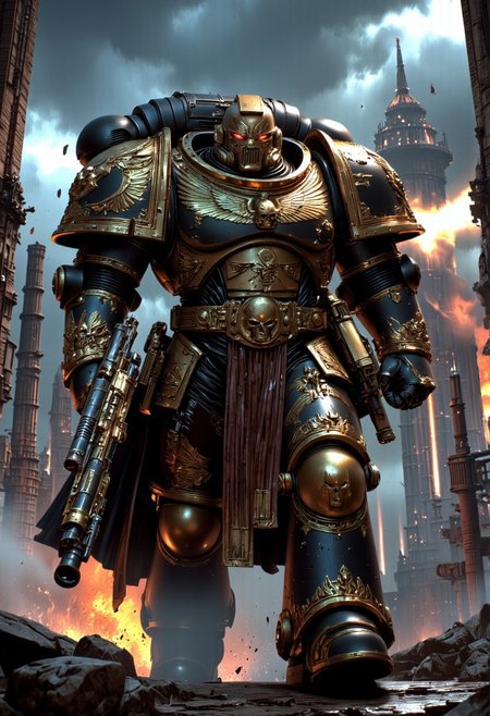 (score_9, score_8_up), score_7_up,  <lora:PonyAlphaL40k:1> AlphaL40k, wearing power armor, holding a rifles, helmet, cape on his back, A hulking Armor Warrior, inspired by the might of a Space Marine, strides through a smog-choked industrial dystopia. Clad in a fusion of ornate Victorian armor and an industrial-powered exoskeleton, the warrior exudes a blend of old-world grandeur and brutal efficiency. Behind, an industrial city looms—towering smokestacks and crumbling Victorian structures stretch into the stormy sky. Massive iron machines belch smoke as lightning dances among the clouds. The Armor Warrior stands as a sentinel of this dystopian world, embodying the brutal union of flesh, machine, and divine power in a time when technology and the gods are inseparable.