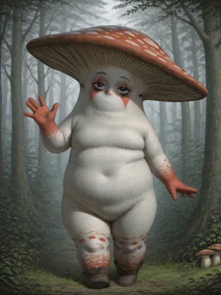 Clown,Mushroom_parent, plant_humanoid, mushroom, mouthless,solo,trees, painted face,waving,<lora:Mushroom Parent:0.8>,<lora:clown:1.0>