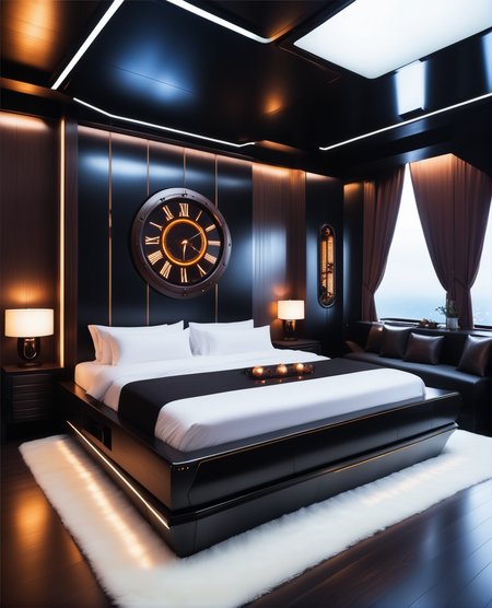 masterpiece, high quality, a reij-ebsu bed room, retro sci fi steampunk sunrise, ebony wood  <lora:ebony sunset-000001:0.9>