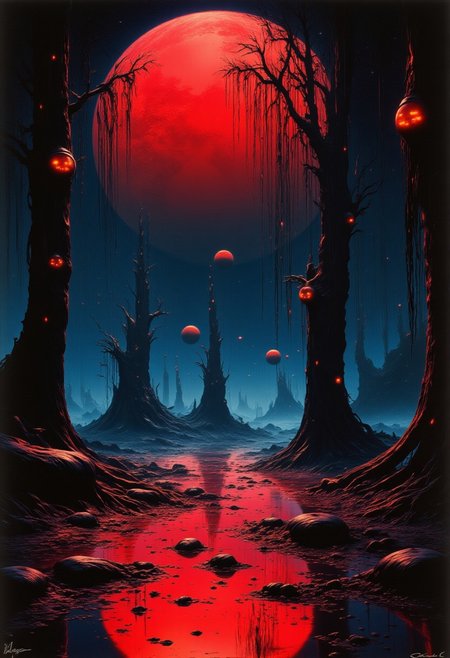 abstract photorealistic ink image in red, black and blue, 
A moonlit clearing deep within the witch's forest, where glowing jack-o'-lanterns hang from the twisted branches of ancient trees. In the distance, shadowy creatures with long limbs and glowing eyes slink between the trees, while a pack of skeletal wolves howls at the Blood Moon. The air is thick with the scent of damp earth and dark magic as the creatures creep closer to the edge of the clearing.
In the style of grainy 80s VHS dark fantasy horror, vintage Halloween, autumn harvest tones, occult mysticism, gritty animatronics, with Sean Äaberg's psychedelic grotesque flair, evoking eerie, grainy VHS footage