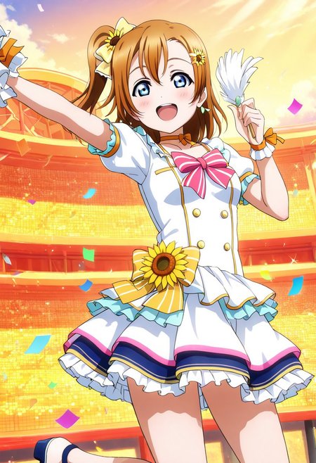 masterpiece, best quality, solo, 1girl, aged up, happy,
 honoka_kousaka, kousaka_honoka, blue eyes, brown hair, orange hair, one side up, short hair, hair bow, yellow bow, cheerful idol outfit, frilly orange and white dress, puffy sleeves, ribbon choker, sunflower hair clip, outdoor summer stage, bright blue sky, cheering fans, confetti in the air, radiant smile, joyful and energetic performance