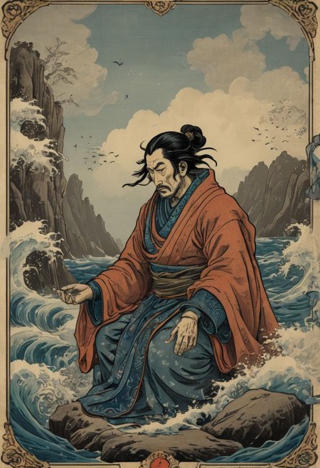 a tarot card, a meditating sage on a rock in the sea, "the ocean" written, crashing waves, elaborate blue ink maritime embellishments, Ukiyo-e Art,