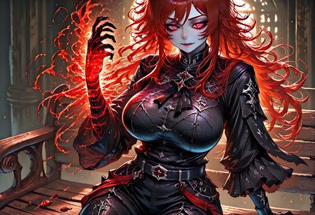 very aesthetic, masterpiece, best quality, highres, absurdres, amazing quality, high resolution, 1girl, solo, medieval background, detailed eyes, perfect eyes, expressive eyes, Expressiveh, vivid colors, realistic lighting, perfect anatomy
Red Eyes, long hair, red hair, pale skin, voluptuous, cellulite, chubby, large breasts, ((uneven eyes)), freckles, lots of freckles, crazy eyes
black gloves, sharp fingers, black shirt, button up shirt, button down shirt, black ascot, black frills, buttons, wide sleeve cuffs, black belt, black cuffs, gambeson, black leggings
sitting on a bench,<lora:ya_arcane_elements:1>, yazloba, lightningform,lighting transformation