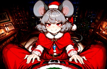 1 girl,   nazrin , alternate_costume ,animal_ears ,belt ,belt_buckle ,black_belt, blue_gemstone, buckle, cape ,closed_mouth ,dress ,fur-trimmed_dress, fur-trimmed_headwear ,fur_collar ,fur_trim ,gem ,grey_hair ,hat ,jewelry, long_sleeves, looking_at_viewer, mouse_ears ,mouse_girl ,mouse_tail ,pendant ,pom_pom_(clothes), red_cape, red_dress ,red_eyes, red_hat ,santa_costume ,santa_hat, short_hair,smile, solo, tail, full body, pov,
christmas_sweater,  dark, night, indoors,
,Fishine, munakata_(sekimizu_kazuki),dekosukentr,kizuki_aruchu ï¼ireadingï¼kubo_tite_(style) ,
ï¼masterpiece, best quality, newest, absurdres, highres,
<lora:illustrious_noobai_epsilon_pred_1_best_quality_v1:0.4> ,<lora:illustrious_noobai_epsilon_pred_1_masterpieces_v1:0.4>, <lora:illustrious_noobai_epsilon_pred_11_very_aesthetic_v1:0.4>, <lora:ponyv5_noobV065S_1_adamW:0.6>, <lora:add-detail-xl:0.4>, <lora:GEN(illust) 0.2v:0.6>, <lora:USNR STYLE_XL_loha:0.6>, <lora:cfg_scale_boost:0.4>, <lora:christmas_sweater:0.8>