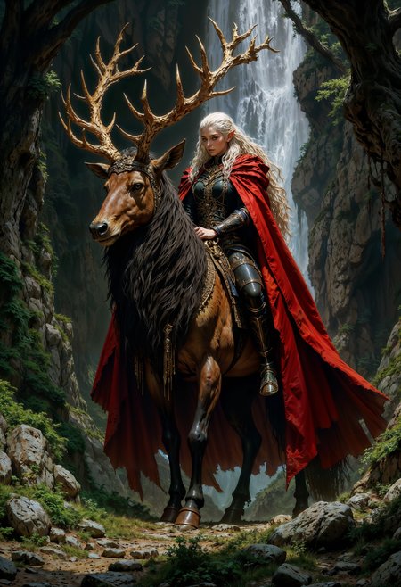 a mystical scene in a dense forest. The layout is vertical, with a central focus on a majestic stag with large, intricate antlers. Riding the stag is a beautiful elf princess with long, flowing silver hair, wearing a dark, ornate outfit and a vibrant red cape that billows dramatically. The elf's skin is pale, and her expression is serene and commanding. The background features a cascading waterfall, adding a sense of movement and tranquility. The forest is lush with detailed foliage, and the lighting is soft, casting gentle shadows and highlighting the ethereal atmosphere. The overall color palette is muted with earthy tones, accentuated by the bright red of the cape, creating a striking contrast. The scene conveys a sense of magic and adventure, inviting the viewer into a fantastical world. <lora:FluxMythP0rtr4itStyle:0.6> <lora:flux.1_lora_flyway_Epic-Characters_v1:0.6> <lora:Elden_Ring_-_Yoshitaka_Amano:0.33>