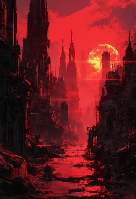 This is a digital artwork in the style of ckgr, a glittering sci-fi city at night, with gleaming towers, skyscrapers and spires, silhouetted in a vivid sunset, red and black theme