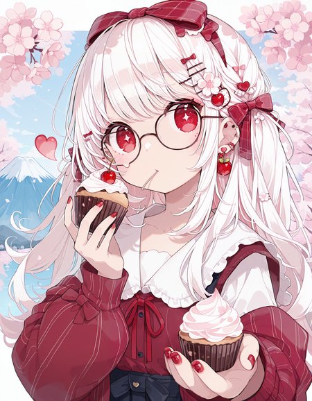 masterpiece,  best quality, newest, highres, absurdres,<lora:Chon_style:1>,1girl, solo, glasses, hair ornament, food, heart, white hair, long hair, cupcake, long sleeves, red eyes, looking at viewer, upper body, red nails, bow, bangs, nail polish, hair bow, holding, hairclip,mount fuji, cherry blossoms, depth of field, foreshortening,