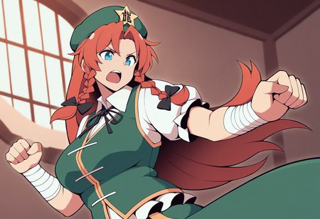 masterpiece, best quality, <lora:age_slider_v4:4>,detailed_background,indoors,shiri fusang,ribbon,pink hair,green vest,shirt,vest,highres,v-shaped eyebrows,hat,collared shirt,looking at viewer,neck ribbon,1girl,blue eyes,hair ornament,hong meiling,white shirt,black ribbon,cowboy shot,solo,open mouth,beret,braid,green skirt,parted bangs,long hair,twin braids,wrist wrap,touhou,star hair ornament,skirt,star \(symbol\)