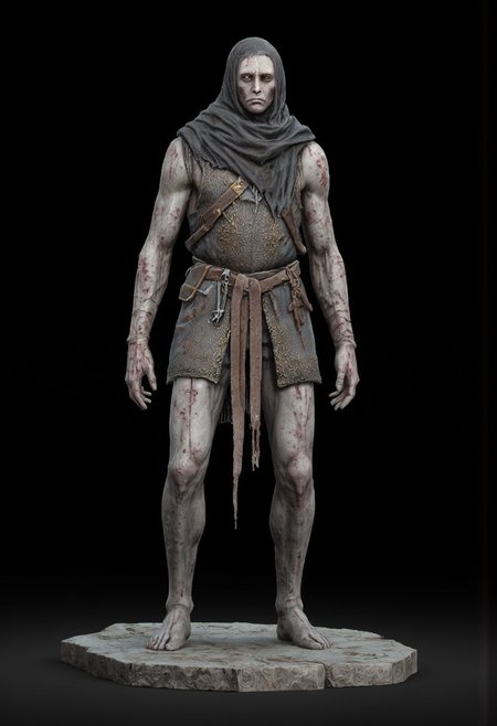 decayed non humanoid plagued Obscure medieval military armored rotting postulant great ape  
Standing on a flat ground
Set against a solid dark black color background to emphasize its unsettling unnatural form that emphasizes its silhouette. The medium is not a traditional painting or illustrative medium like watercolor or ink but rather a digital 3D rendering.
MikeFranchinastyle, bbstyle,, horror theme,, ZBClay model of a gray sculpture, zbrush, d4arks0uls, overcast lighting