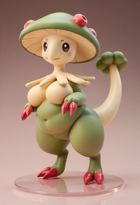 score_9, score_8_up, score_7_up, score_6_up,anime, 1girl, solo, Breloom, Pokemon (creature), green body, mushroom head, two claws, tail, no breasts, plump, horny expression, (seductive), chubby. Chibi