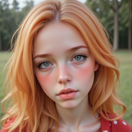Kayla, 22years old girl cute face,clear skin,shiny hair, orange hair, green eyes, ultra detailed eyes,makeup, head on side, dutch angle, low angle, OBxiaoxiang, blush, eye rolling, half-short cropped red T-shirt with white writing 3751, belly, navel, red leather shorts, black sneakers, white socks, black cap, soft peachy cheeks, short cropped red T-shirt, bending, dynamic pose, looking at viewer, female. In the background park sunny day, looking at viewer, sunshine, quality, high quality, photorealistic. Perfect Composition, realistic photographic image, RAW photo highest quality