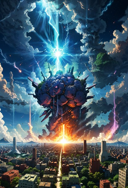 x-ray laser beam falling from the sky and destroying a city, hammer of dawn, satellite cannon to fight cosmic horrors and dysphoric locust organic life, project excalibur, pillars of creation, meteorite mega flare, nuclear reaction between rainfall and sunlight, a thermonuclear combination of fission and fusion reactions, atmospheric pollution caused by electro geo magnetic storms spectrums, oppenheimer quantum physics, evangelion vfx, studio ghibli and makoto shinkai <lora:add-detail-xl:1> <lora:xl_more_art-full_v1:1>