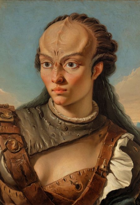 intricate detailed AH_Tiepolo Tiepolo oil painting upper body portrait of a female  kling0n alien princess, leather dress, forehead ridges, light brown skin, nose ridges, large eyebrows