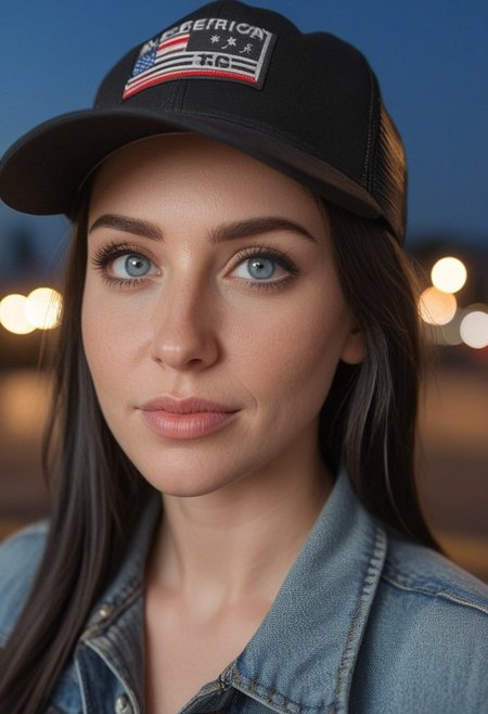 30yo woman holding an American flag.
Blue eyes. perfecteyes 
Wearing Denim jacket trucker hat. 
Long dark black slick back hair. No makeup. Dusk, Street light. Looking at camera POV. Slight smile, tilting head.. Tilt head.
Medium Close Up shot. Bokeh. Bokeh light. semi Blurred background.