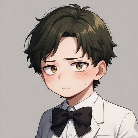 score_9, score_8_up, score_7_up, source_anime, highly detailed, cute boy, 1boy, solo, young, damian desmond, short hair, brown hair, brown eyes, white tuxedo, white pants, black bow tie, black socks, white dress shoes, blushing, shy, looking away from viewer, looking slightly to the side, avoiding eye contact