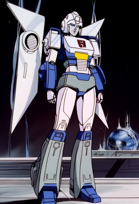 score_9, score_8_up, score_7_up, animation, transformers, 1girl, robot, Decepticon, Tall, slim, Seeker, Starscream glowing eyes, blue eyes, large eyes, circular eyes, white armor, Forard swept wings, transforms into futuristic Stelth Mig Fighter Jet, full body, cowboy shot, smiling, holding null ray blasters, Decepticon Symbol, outer leg armour wrapped around legs (curvy, wider at bottom, knee joint)
 <lora:StarScream1.2:1>