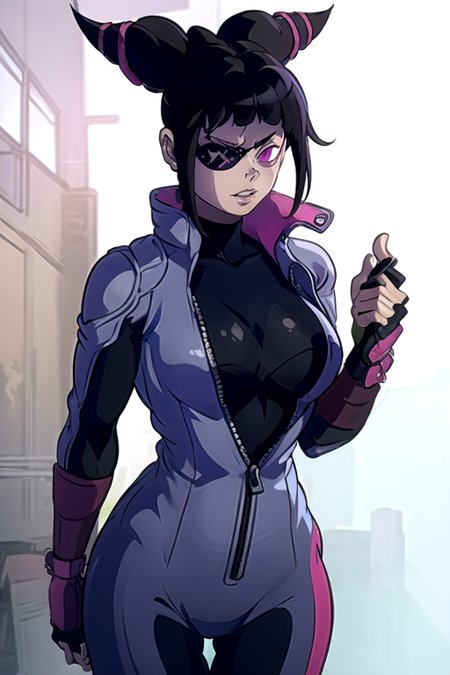 <lora:KINSHINPAIN:0.9>  1girl, solo, masterpiece, best quality , 1girl, JuriMS , sfv , hair horns, eye bangs, eyepatch, <lora:JuriMS:1> purple eyes,