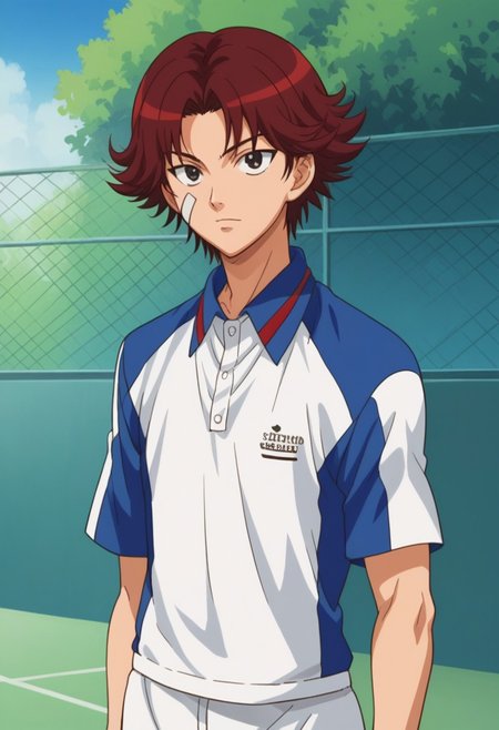 score_9, score_8_up, score_7_up, source_anime, highly detailed, 
eijikiku, 1boy, male focus, solo, red hair, short hair, black eyes, bandaid on face, sportwear, tennis uniform, shirt, white shirt, blue shirt, short sleeves, polo shirt,
outdoor,