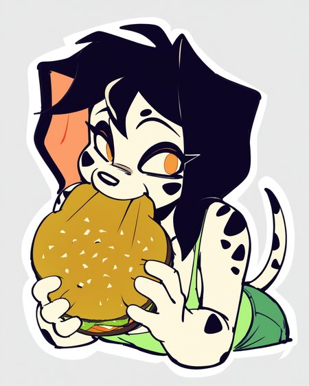 score_9_up, score_8_up, score_7_up, score_6_up, half-length portrait, black hair, short hair, dalmatian, large breasts, floppy ears, furry female, white body,  spotted body, spotted tail, black spots, female, furry, dog, looking at viewer, green tank top, cleavage, sneakers, white body, solo, shorts, green tank top, happy, jermaWhopper, eating, burger,  three-quarter view, head tilt, simple background, white outline, <lora:PDXL_artist_tags_v2_big:0.2> <lora:The-Minuscule-Task_PDXL_v1.0:0.3> <lora:Leia_FunkyKola:1> <lora:jermawhopper-pdxl-nvwls-v1:1>