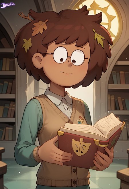 score_9, score_8, score_7, score_6,
Jhiacco, solo, anneboonchuy, brown hair, dark-skinned female, leaf hair ornament, short hair
Character Description: A young woman with glasses and a curious expression, surrounded by books.
Outfit: A vintage dress with lace details and a cardigan, carrying a stack of ancient tomes.
Action: She is reading an open book, with glowing symbols floating around her.
Background: A grand library filled with towering shelves and magical artifacts.
Composition Details: Soft, warm lighting creates an inviting atmosphere, with a medium shot to capture her expression and the floating symbols.