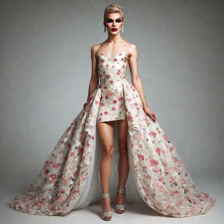photo, realistic, hyperrealism, source filmmaker, score_9, score_8_up, score_7_up, best quality, masterpiece, source_anime, zPDXL3, BREAK,1boy, <lora:european_drag_queen_ponyXL:1> european drag queen,    jewelry, earrings, makeup, Floral print wrap midi dress, flat chest,  , full body,