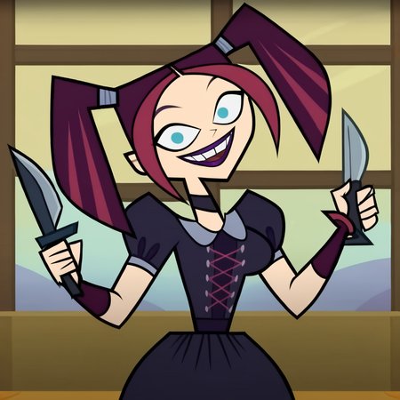 1girl, two-tone hair, purple hair, pink hair, twintails, blue eyes, purple lips, large breasts, narrow waist, wide hips, looking at viewer, pov, crazy eyes, crazy smile, holding weapon, knife, head tilt, highres, high quality, masterpiece, <lora:Scary_Girl:1>