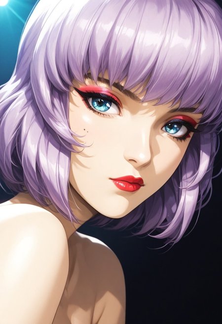 1girl, (stage lighting light:1.0), (light from rear:1.0), (neon glow:1.0), (cinestyle:1.0), close-up, (amused:1.01), (faux hawk hair style:1.05), (medium hair length:1.05), (disheveled:1.0), (anime makeup:1.05), (black make-up color:1.05), (eyeshadow make-up:1.05), (eyeliner make-up:1.05), (mascara make-up:1.05), (lipstick make-up:1.05), (lip gloss make-up:1.05), (natural skin:0.2), (detailed skin:0.3), (skin pores:0.3), (tanned skin:0.2), (eyes details:0.99), (iris details:0.98), score_9, score_8_up, score_7_up, score_6_up, score_8, detailed body, detailed face, source_anime, rating-explicit, dancing, perfect body, (