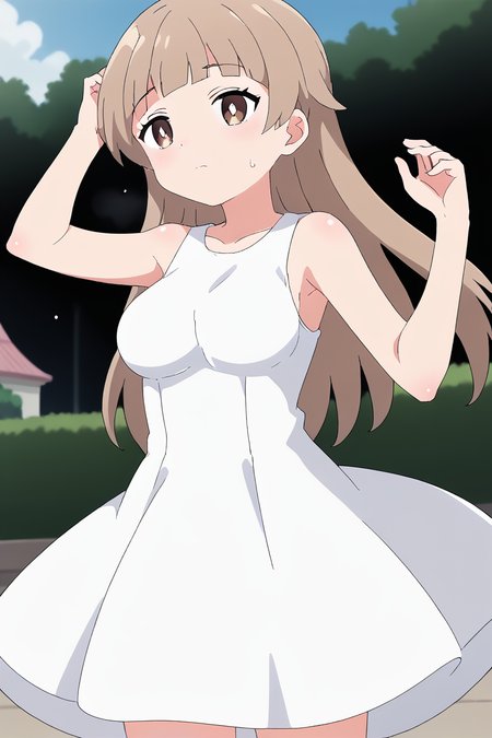 score_9, score_8_up, score_7_up , source_anime, solo, intricate details, masterpiece, high quality, prefect hands, best quality , anime screencap, <lora:DetailedEyes_V3:1> , KatanoPN, 1girl , brown eyes , white pupil , brown hair , long hair , medium breast , white dresses , sleeveless , sundresses , garden , armpits , <lora:Katano_Bat_Holy_Envoy_Cross_Near_Heart:1> , sweating , sweat , cute , wet skin ,