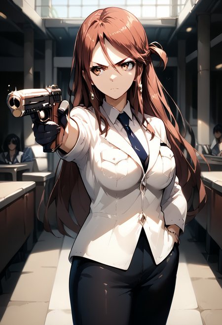 score_9, score_8_up, score_7_up, source_anime, 1girl, TURKISH KILLER POSE, LOOKING AT GUN, HOLDING HANDGUN, HAND IN POCKET, IIDA NANA