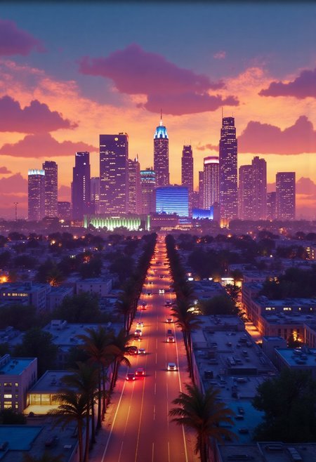 A vibrant and stylized illustration of downtown Los Angeles cityscape at dusk, set against a warm orange and pink sunset sky with hues of blue and purple undertones, evoking an anime-inspired aesthetic, with sleek, dynamic lines and bold brushstrokes, showcasing iconic landmarks such as the Walt Disney Concert Hall, City Hall, and skyscrapers, amidst a bustling atmosphere of neon lights, busy streets, and towering palm trees, with a subtle hint of futuristic elements and sci-fi nuances, blending traditional and digital media, and exuding a sense of energy, progress, and optimism,
 aidmaGTA6
