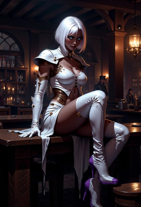 " tight boots over a table, agressive posture, in a medieval  tavern A fierce assassin with short, straight white Chanel bob haircut and narrow, fringe, heterochromatic eyes BLUE and purple . She has dark skin and wears a white leather outfit with intricate laced-up detailing in the front, partially revealing her skin. The top covers her large chest but maintains a provocative and lethal style. Leather white gloves reveal only middle finger, use a white skirt tight high leather boots purple high heels"
