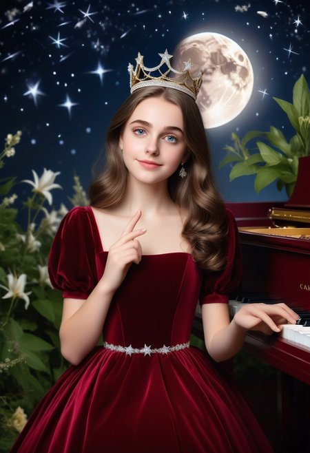 Creative compositon. Realistic style. (relaxed hands and thin hands fingers too:1.10), (she touches the star with one index finger hand:1.10),  (five fingers:1.10), AI_girl doll, european ethnicity, (long princess velvet red dress with gown:1.10),(visible eyes, nose and mouth:1.10) princess, oval face, (beautiful sparkling preciosu princess crown:1.10), (night time with shooting stars:1.09), and (one full-moon:1.05), (moon rays on her :1.09), a beautiful cute princess by the (flowing long wavy brown thick hair:1.10), and (cute brown eyes:1.05), assymetric eyes, (two eye iris:1.05), perfect eyes, (blunt bangs:1.05), she looks at you, wide smile, mouth open, (cute behavior:1.05), shy and pure (blushing:1.05), (luxury manor behind her:1.10), she's in her garden with beautiful flowers. Beautiful composition illustration. (Visible background:1.10), (visible image:1.15) fashion_theme trending. 
BREAK Absurd, masterpiece, artwork, trending, trendy, (23 years old) BadDream, natural skin texture & pores. RAW photo, high detailed skin, 8k, dslr, soft lighting, film grain, epic composition, Fujifilm XT3, Canon R5, film, moviem magic. (amazing cute SFX:1.15). (american piano shot:1.10)