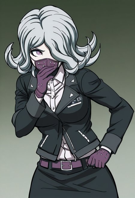 (((solo))), masterpiece, best quality, modern, modern anime, danganronpa_(series),<lora:Seiko_Kimura_Illustrious:1>, In the art style of Rui Komatsuzaki, artist: Rui Komatsuzaki, This is a photograph from Danganronpa 3 The Stage. . Seiko Kimura is wearing her future arc uniform. Seiko Kimura is a short woman with purple eyes and a sickly complexion. She has pale grey hair and a respirator mask covering her mouth. She wears a dark-colored jacket that's half open and connected in the middle. She has a small Future Foundation ID pinned to the lapel of her jacket. Under the jacket is a white dress shirt a dark pencil skirt held by a purple belt long black stockings and purple Mary Janes. She wears purple gloves with a single white stripe in the middle.  In a dimly lit pharmacy on Christmas night, Seiko is hard at work developing a new medicine. The pharmacy is filled with eerie silence, broken only by the soft sounds of her movements and the gentle ticking of a clock. As she mixes the ingredients, she feels a sense of unease, as if something supernatural is watching her every move.