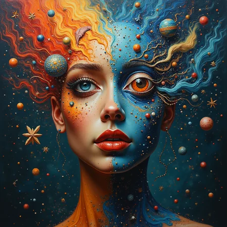 Surreal art. the face of a woman melting with a cosmos. Fantasy style. lnraCE_style