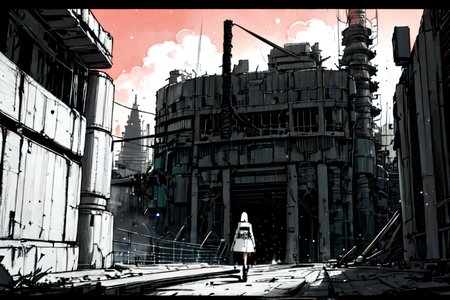 highly insanely detailed, masterpiece, top quality, best quality, highres, 4k, 8k, RAW photo, (very aesthetic, beautiful and aesthetic),  
tsutomu nihei,nihei_tsutomu,blame!,blame gakuen!,abara,TNstyle,sidonia_no_kishi,(deep horizon,tunnel,tower,sidonia \(ship\),giant room,megastructure in background,city ruins,space,spacecraft),air conditioner,light particles,lantern,machinery,clouds,dark sky,black sky,ventilation fan,ventilation shaft,toha heavy industries,gauna,gauna mech,letterboxed,walkway,drainpipe,bones,fence,dome,buildings,science fiction,dystopia,destroyed, 
<lora:ABARA:0.5>, 
(1girl:1.3), 
solo focus, 
Neolithic_architecture,ancient_temple_complex,creek,massive_dam_structure,royal_tombs,National_Park,neon red background,neon pink background,(colored geometric background),âââ