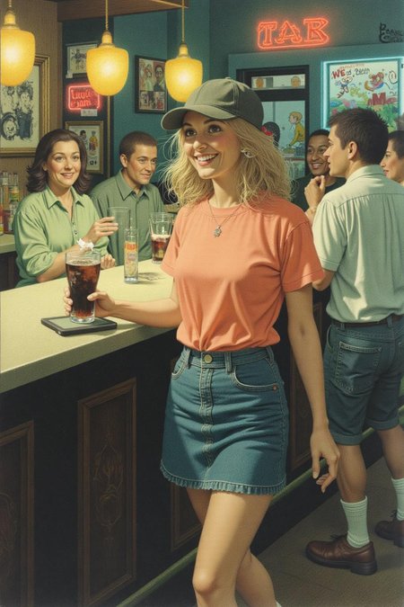 jeanleonhuens1 illustration.
The air buzzes with the energy of a busy bar, a mix of music, conversation, and the clinking of glasses. A barmaid, the embodiment of youthful vibrancy, navigates the lively scene. She wears a peach-coloured T-shirt, the soft fabric contrasting with the smooth, cold glass of coke she carries on a small tablet. Her short skirt adds a playful touch, and a backwards baseball cap hints at a carefree attitude. The setting and atmosphere are palpable: the warm, slightly sticky surface of the bar counter under her fingertips, the dim, colourful lighting that casts playful shadows. Sensory details are abundant: the condensation forming on the glass of coke, the texture of her denim skirt, and the way the bar lights catch the highlights in her hair. Her confident stride, her quick smile, and her efficient movements. Stylistically, the image draws inspiration from the vibrant, candid shots of nightlife photographers, with a touch of the stylized realism found in contemporary illustration. There's a deliberate contrast between the barmaid's youthful energy and the slightly worn, lived-in atmosphere of the bar, creating a dynamic and engaging image.  <lora:jeanleonhuens1_ap_d6a3e12:1.0><lora:844826806210257517:0>