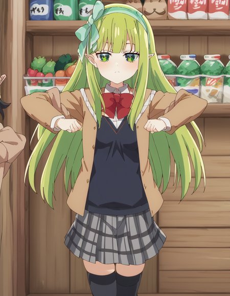 score_9, score_8_up, score_7_up, source_anime, <lora:orphia-s2-ponyxl-lora-nochekaiser:1>, orphia, long hair, bangs, very long hair, green eyes, hairband, green hair, pointy ears, elf, green hairband, mature female, small breasts, anime screencap,, skirt, shirt, thighhighs, long sleeves, bow, school uniform, jacket, white shirt, pleated skirt, collared shirt, black thighhighs, bowtie, red bow, zettai ryouiki, plaid, plaid skirt, red bowtie, grey skirt,, grocery store, shopping cart, picking fruits, everyday life, , <lora:mochi-mochi-ponyxl-lora-nochekaiser:1>, mochi mochi dance, clenched hands, hands up,, looking at viewer, solo,, cowboy shot