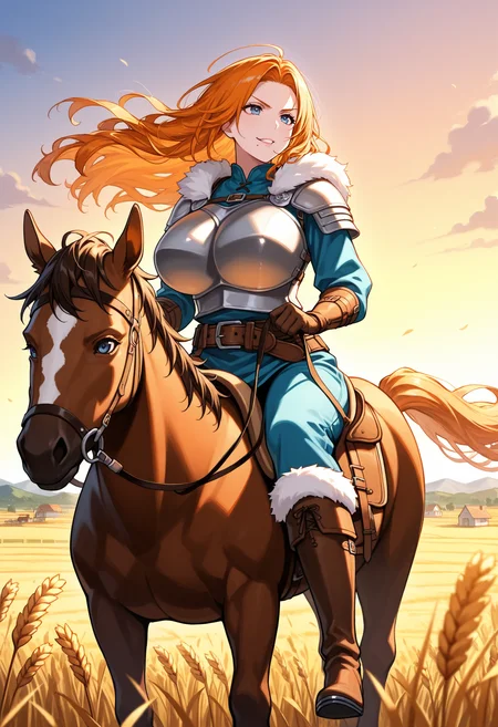 masterpiece, best quality, 1girl, solo, rgku, orange hair, mole under mouth, long hair, lips, huge breasts, viking, fur trim, armor, wheat field, outdoors, wind, horseback riding, riding, horse, reins, holding reins, saddle, looking ahead, blue eyes, belt, boots, fur-trimmed boots, farm, house, scenery, landscape, wheat, sunset, v-shaped eyebrows, smirk, parted lips