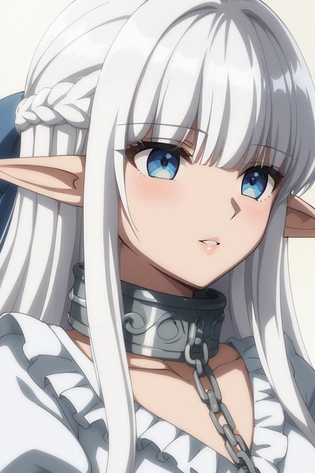 score_9, score_8_up, score_7_up, BREAK source_anime, <lora:Nephelia-PonyXL-lora-faxtron:0.8> nephelia, elf, blue eyes, white hair, long hair, metal collar, white dress, long sleeves, puffy sleeves,