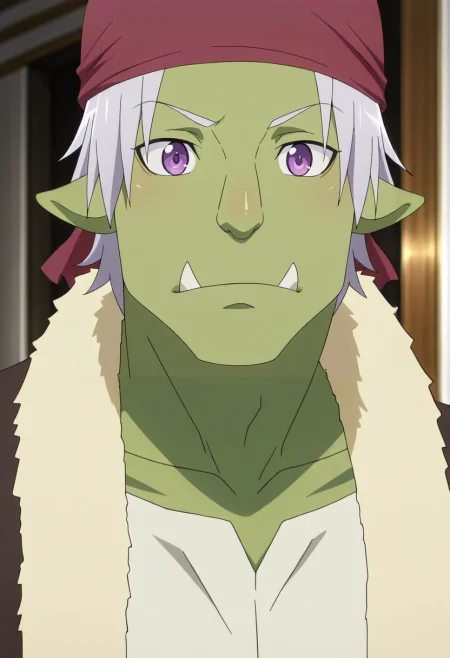 masterpiece, best quality, , anime screencap, , , looking at viewer, 1boy, solo, male focus, <lora:rigur_tensura_ilxl:0.9>, rigur_tensura, grey hair, purple eyes, pointy ears, colored skin, green skin, goblin, bandana, tusks, , ,