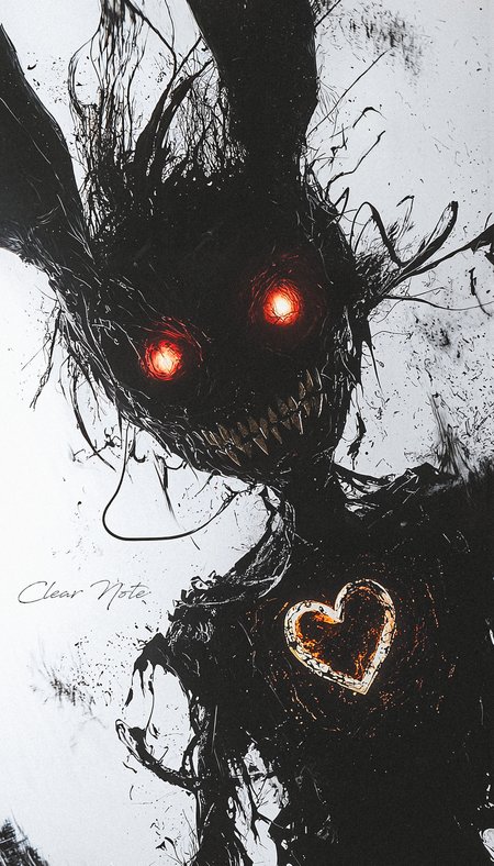 A demon with a heart-shaped symbol, radiating evil, its sharp teeth gleaming like daggers. Glowing red eyes pierce the darkness, while long rabbit ears twitch with silent malice. The night trembles at its presence.