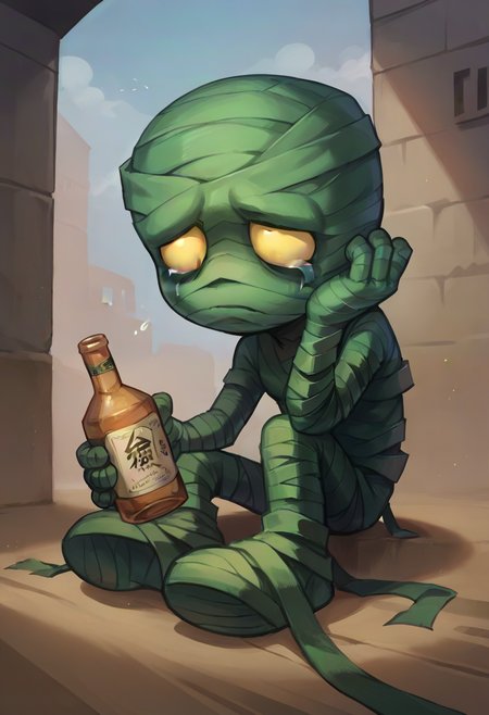 score_9, score_8_up, score_7_up, score_6_up, 4mumu, mummy, 1boy, male focus, yellow eyes, bandages, full body, <lora:Amumu_Default_v1:0.7>, sitting,  sad, dynamic pose, solo, looking down,alcohol ,bags under eyes ,depressed