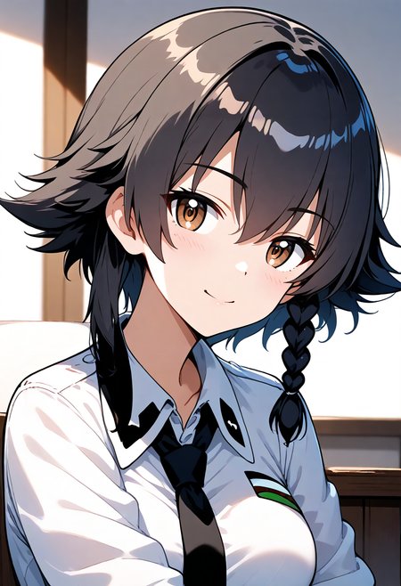 score_9, score_8_up, score_7_up, score_6_up, source_anime,BREAK
1girl
<lora:Hyper-SDXL-8steps-lora:1>
<lora:age_slider_v4:1>solo,
<lora:SDXL_pepperoni_p718:0.7> 
pepperoni,pepperoni (girls und panzer), black hair,short hair, side braid, brown eyes, bangs,  (single braid),
