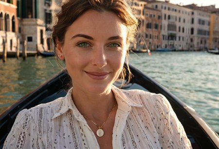 A meticulously detailed,Expressive,  hyper-realistic photograph of Olivia, a 35-year-old woman with wavy short, brown hair, vibrant green eyes,featured strands giving the sense of movement, subtle smiling, subtle wrinkles, subtle laughlines, subtle pores in her ckeeks. She wears a solid white button-up shirt, slightly open at the collar, exuding an effortlessly elegant. Olivia sits gracefully in a polished black gondola, gliding along the Grand Canal. The sunlight reflects off the water, casting shimmering patterns on her face. Behind her, historic Venetian palaces with ornate façades stand in soft focus, their pastel hues blending with the golden light. A vintage film camera hangs around her neck, adding to the timeless charm.. on a Summer Sunny day. The sunlight highlights her face, creating natural shadows and depth. Shot with a Nikon D5300, 25mm lens, f/2.8 aperture, ISO 80,  a slight vignette effect for a cinematic touch." photography highly detailed realistic ambient lighting