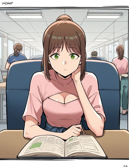 score_9, score_8_up, score_7_up, source_anime, <lora:sexercise-soohyun-yoo-manhwa-ponyxl-lora-nochekaiser:1>, soohyun yoo, long hair, bangs, brown hair, green eyes, ponytail,, shirt, cleavage, pants, clothing cutout, cleavage cutout, pink shirt, clothes around waist, airport, waiting area, suitcase, flight delayed, passengers, reading book, , sitting, elbow rest, table,, looking at viewer, solo,, dutch angle, cowboy shot