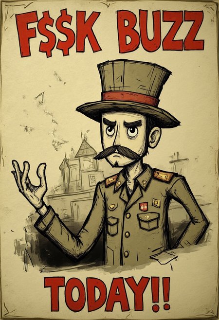 A vintage poster world war 2 with Uncle Sam. 1 man. In bold red text it reads "F$$K Buzz Today!", Juaner_dsstyle