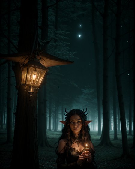 Photorealistic, a dark-themed character with long black hair, large neon glowing horns, and elf-like ears, wearing a gothic outfit with intricate details. The character is walking through an enchanted forest at night, with glowing plants and mysterious creatures around her. She is holding a lantern that emits a soft, ethereal light, and her expression is calm and serene. The background is filled with detailed trees, glowing flora, and a starry night sky. The lighting is soft and magical, creating a mystical atmosphere. The camera shot is a medium-long shot, capturing the character and the detailed forest.
 <lora:add_detail:0.4> <lora:backlight_slider_v10:-1> <lora:epiC35mm:1> epiC35mm <lora:epiCRealismHelper:1>