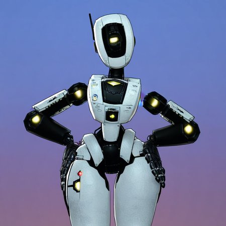 Glados_(Ruffleswinner22), robot, female, one yellow eye, robot heels, big thighs, large chest, Hands on hips, sexy eye, looking at viewer, solo,