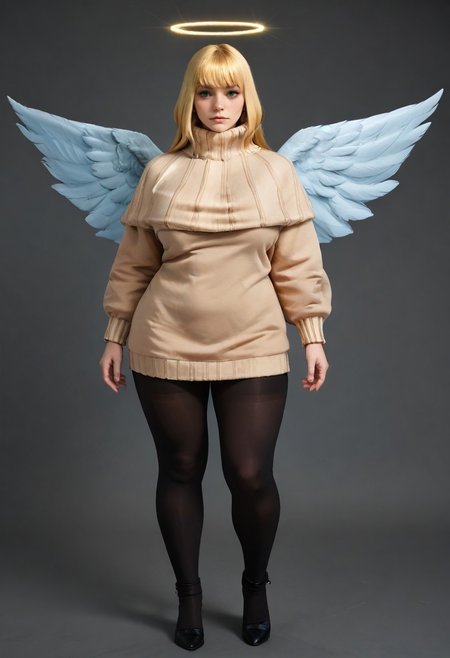 safe_pos, score_9, score_8_up, score_7_up, score_6_up, photo, photorealistic, realistic, raw, intricate detail, highly detailed, perfect composition, soft lighting, zPDXL3, 

BREAK, 

1girl, solo, mature, hanakurusu, long blonde hair, straight hair, soft bangs, delicate features, beautiful green eyes, glowing halo above head, radiant angel wings, confident expression, muscular yet feminine figure, toned abs, curvy body, smooth skin, flushed cheeks, wide hips, thick thighs, huge breasts, venus body, 

BREAK, 

tight beige sweater, form-fitting, emphasizing her curves, black tights, tight fabric clinging to her strong thighs and muscular legs, subtle sheen on tights, 

BREAK, 

wings spread, full body view, focus on her strong yet graceful figure, relaxed expression, gentle but confident demeanor, 

BREAK, 

background of a serene cloudy sky, golden sunlight filtering through the clouds, soft glow around her figure, peaceful and ethereal atmosphere, gentle breeze slightly moving her hair and wings, subtle heavenly light, soft shadows for depth and realism, blue sky, 