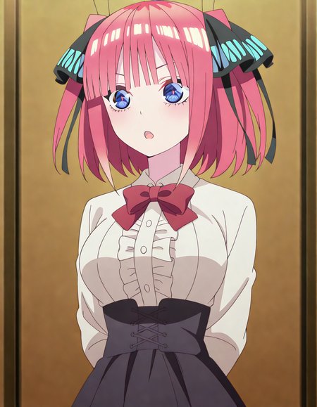 masterpiece, best quality, amazing quality,, <lora:nino-nakano-s2-illustriousxl-lora-nochekaiser:1>, nino nakano, short hair, bangs, blue eyes, hair ornament, hair ribbon, pink hair, blunt bangs, two side up, butterfly hair ornament, mature female, breasts, anime screencap, <lora:virgin-killer-outfit-illustriousxl-lora-nochekaiser:1>, virgin killer outfit, meme attire, high-waist skirt, center frills, frilled shirt, underbust, aran sweater, frilled shirt collar, red bowtie, frills, skirt,, <lora:kung-fu-illustriousxl-lora-nochekaiser:1>, kung fu, martial arts, training, fighting stance, cowboy shot, hands behind back, symbol_shaped_pupils, open mouth, , ,